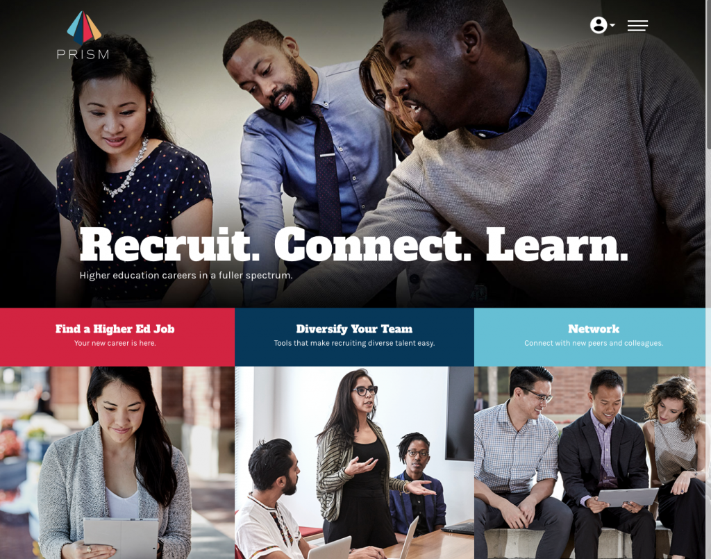 this screenshot of the prism home page is vibrant with pinks, blues, and yellows, and richly-toned photos of diverse professionals and academics